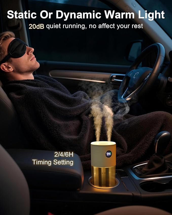 2025 Digital Display Car Humidifier, 3000mAh Portable Mini Rechargeable Humidifier for Car Travel Office Desktop Baby Kids Bedroom - Powerful Dual Spray Timer Setting 20dB Quiet Night Light