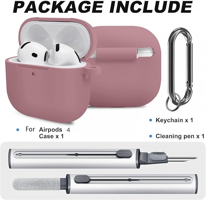for Airpods 4th Case Cover,Come with Cleaner Kit,Soft Skin Silicone Case Cover with Keychain,Full Protective Case for Men and Women,Compatible with AirPods 4th Generation Case,Bean Pink