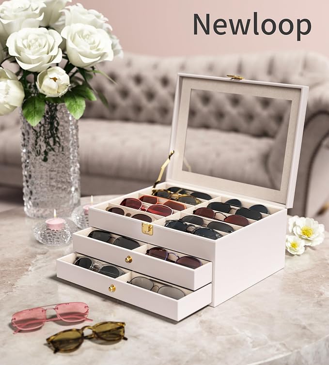 NEWLOOP 10/30 Slots Sunglass Organizer for Multiple Pairs of Eyeglass See-through Display Case Storage Box for Women Men