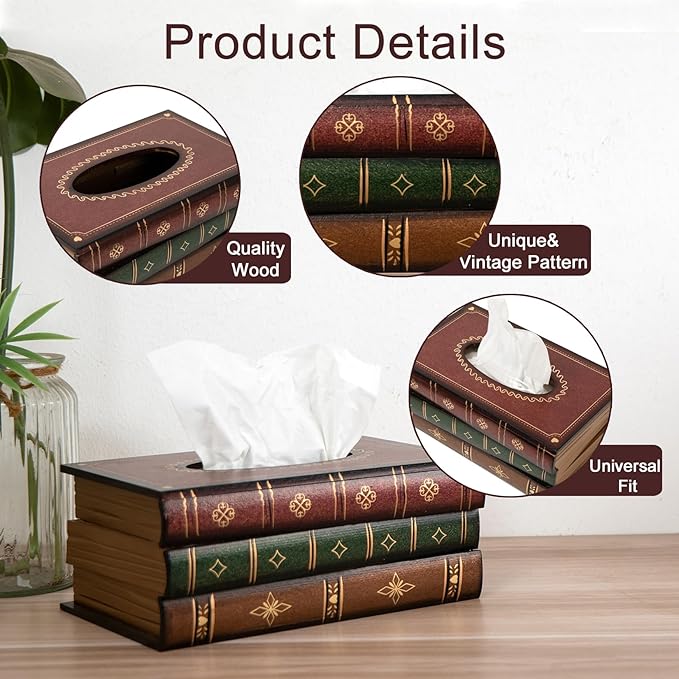 Crafted Classical Retro Wooden Antique Book Tissue Box Cover Tissue Holder Dispenser Paper Cover Case Napkin Holder Home Decor for Bathroom Living Room Office car Kitchen (red Rectangle)