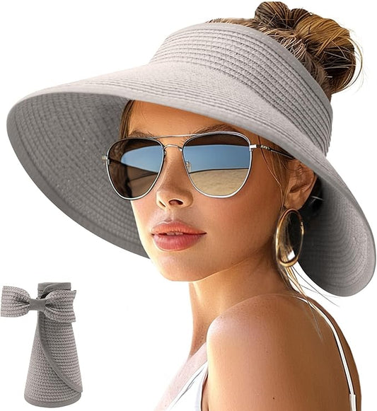 NPJY Sun Hats for Women Wide Brim Roll-Up Beach Ponytail Hat Packable Foldable Travel Straw Visor