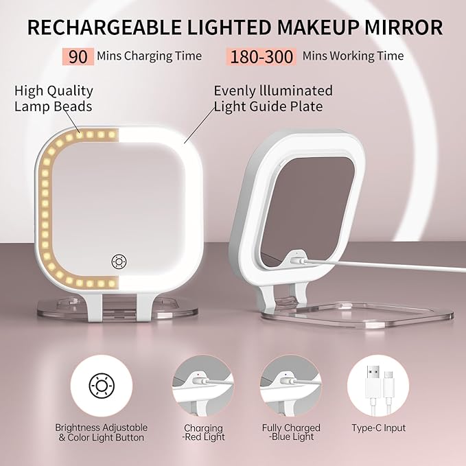 FUNTOUCH Travel Mirror with Light, Compact Mirrors, 1x/30x Magnifying Mirror with 3 Color Lights and Adjustable Brightness, 4.5x3.9 inch Small Compact Hangable Hand Pocket Mirrors,White