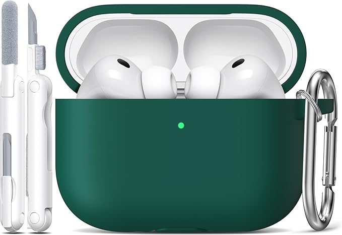 R-fun for AirPods Pro 3 Case (2025), Soft Silicone Protective Case Cover Compatible with Apple AirPods Pro 3rd Generation (USB-C Cable) for Women Men with Cleaning Kit and Keychain, Black Green