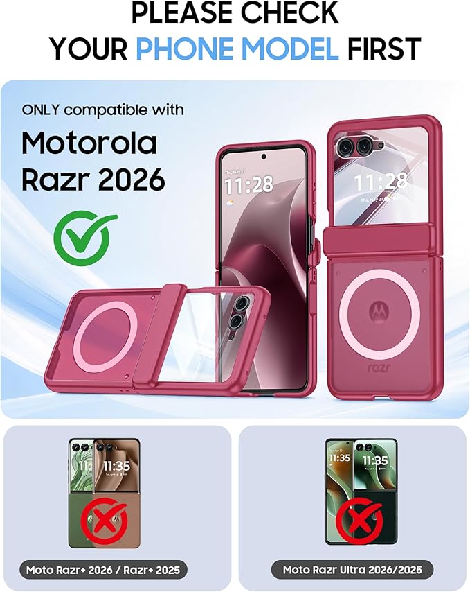 Magnetic for Motorola Razr 2026 Case with Hinge Protection, Screen Protector, Compatible with MagSafe,Skin Feel Translucent Frosted, Shockproof Slim Cover for Moto Razr 2026-Rose Red