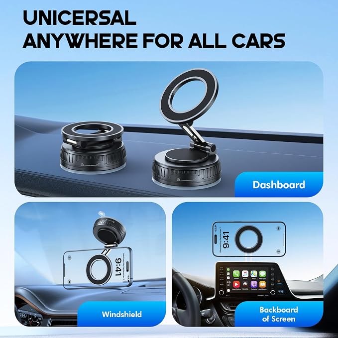 Vacuum & Magnetic Car Phone Holder for MagSafe 【Upgraded 120+ LBS】 360° Adjustable Cell Phone Holders for Your Car, Car Phone Mount Accessories for iPhone 17 Pro Max 16 15 14 13 12 Air Plus