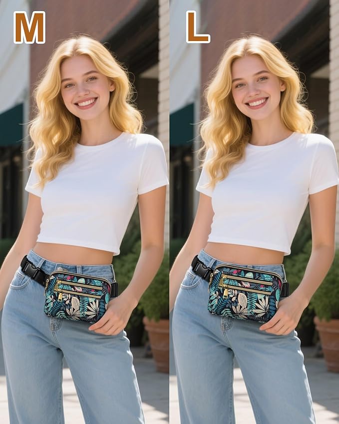 Capolo Fanny Packs for Women Fashion Waist Packs Bag with Adjustable Strap and 4 Zipper Pockets Waterproof Everywhere Crossbody Belt Bag for Workout Running Travelling(Blue Leaves, Large)