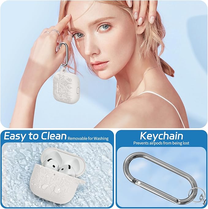 for Airpods 4 Case, Ekoonpft Flower Engraved Cases for Apple AirPods 4th Generation 2024, Soft Silicone Cover for Women Girly with 3-in-1 Cleaner Kit, Keychain, Military Grade Protection