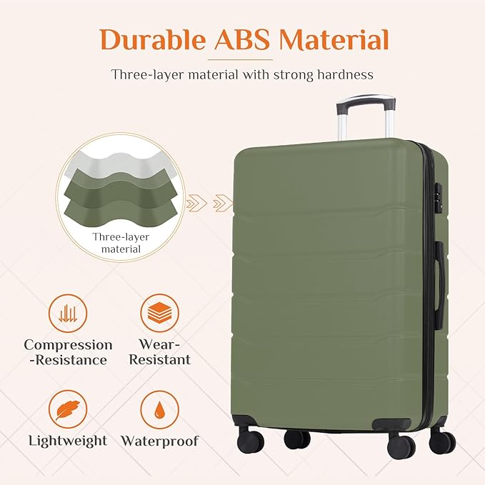 Sweetcrispy 3 Piece Luggage Set, ABS Hard Shell Carry On Suitcase with Smooth Spinner Wheels and TSA Lock, Lightweight Rolling Travel Luggage 20/24/28 Inch for Travel Business Vacation, Green