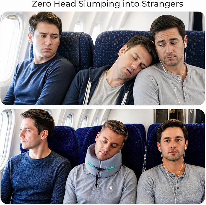Neck Support Travel Pillow for Airplane: Firm Core Memory Foam Supports 8 lbs Without Collapsing - 360° Chin & Neck Support Prevents Head Bobbing - for Men on Long-Haul Flights