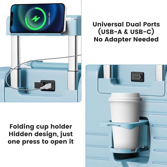 20 Inch Carry on Luggage with Cup Holder, Airline Approved 22x14x9 Aluminum Frame PC Hard Shell Suitcase, 360° Spinner Wheels, TSA Lock for Short Trips and Business Travel