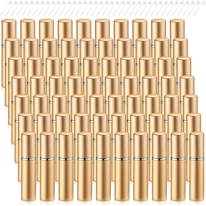 Motiskyy Perfume Travel Refillable Atomizers Bulk Mini Atomizer Sprayer with Perfume Refill Pump Dispenser Pump Transfer Tool (70 Pcs,Gold,5 ml)