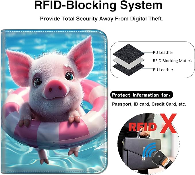 Passport Wallet, Passport Holder with RFID Blocking and Luggage Tag, Waterproof PU Leather Travel Documents Organizer Case,Passport Covers with Card Slot for Women & Men,Baby Pig Swimming