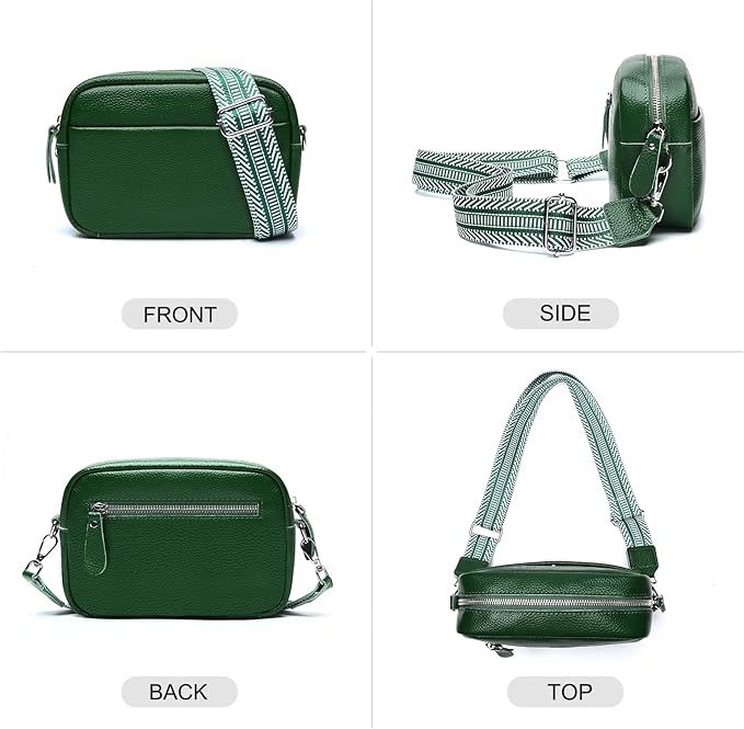Small Crossbody Bags for Women Genuine Leather, Guitar Strap Shoulder Handbag Purse Camera Bag with Rfid Card Slots, Green