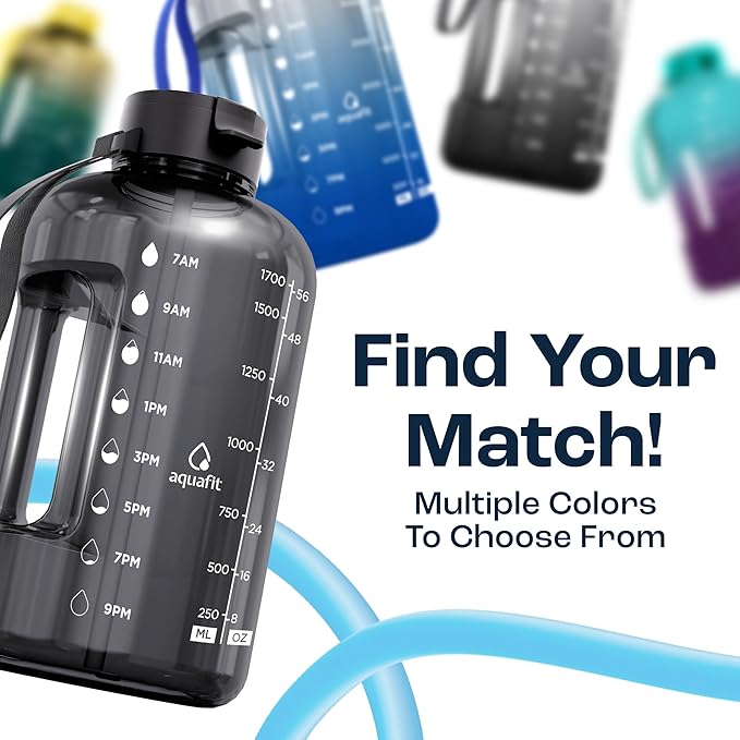 AQUAFIT 64 oz Water Bottle with Time Marker - Straw & Chug Lid - BPA Free Half Gallon Gym Water Bottle with Handle - Big Gallon Jug (Blue Skies, 64 Ounces)