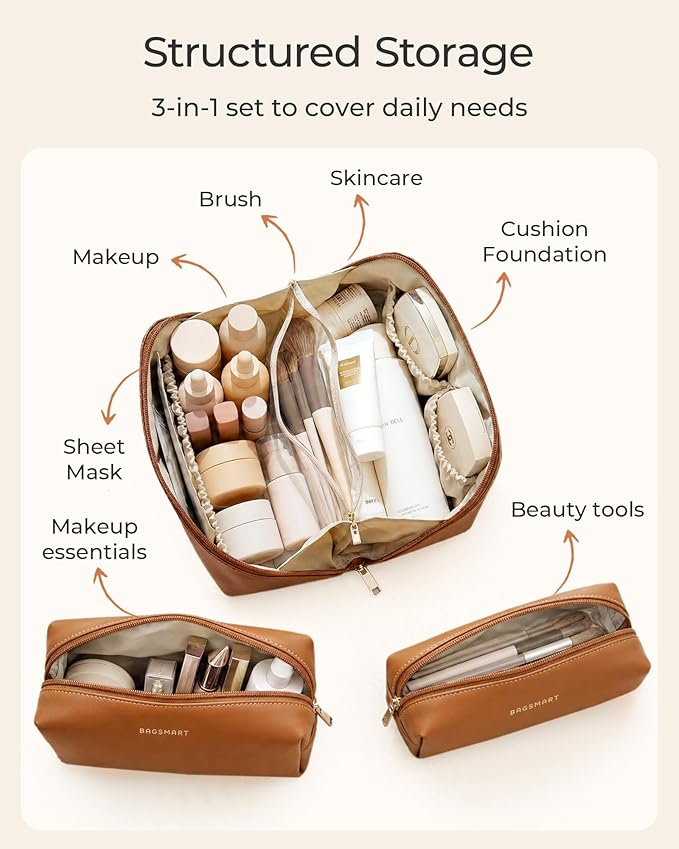 BAGSMART Makeup Bag Travel 3 Pcs Set Cosmetic Bag, Large Make Up Bag Flat Open Toiletry Bag for Women, PU Leather Travel Essentials Organizer Case, Wide-open Pouch for Skincare, Brushes, Coffee Brown