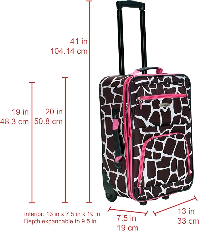 Rockland Fashion Softside 2 Piece Luggage Set, Expandable, (14" Tote/19" Upright), Pink Giraffe