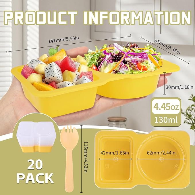 20 Pack Reusable Snack Containers with Lids - Double Compartment Condiment Snack Pack Containers with 20 Fork, Microwave Safe Portion Control Containers for Meal Prep, Take-out, Party & Travel(Yellow)
