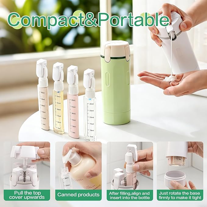4 in 1 Travel Dispenser Bottle Flying Essentials Camping Toiletries Pump Leak Proof Size Portable Containers Refillable for Shampoo Lotion Creams Body Wash Conditioner Attached Label (White)