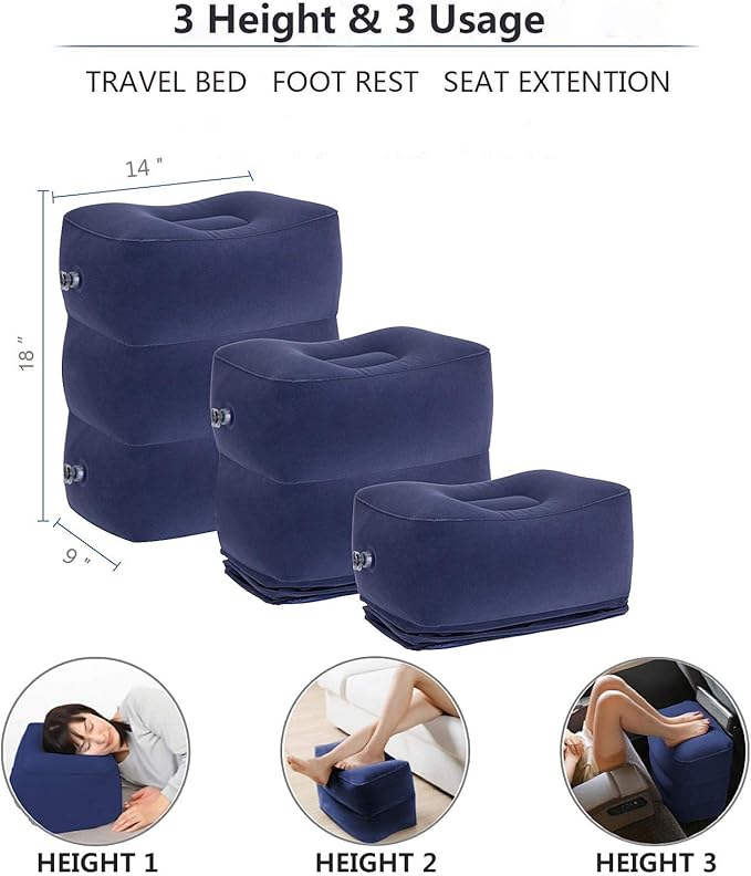 Inflatable Travel Foot Rest Pillow, Adjustable Height Leg Rest Pillow for Cars, Home, Office, Trains, Airplane, Make a Flat Bed for Baby, Kids, Toddlers, Blue, 2 Pack