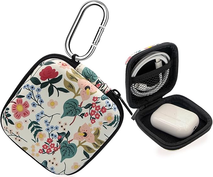 Earbud Case,Headphone Organizer Earbud Storage Bag, Hard EVA Shockproof Cover Carrying Case with Carabiner Clip Compatible with AirPods 4 AirPods Pro 2nd /3/2/1 Bose Galaxy Buds (Flower)