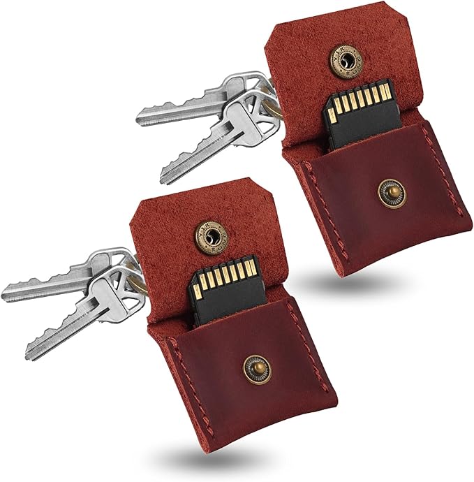 Jack&Chris Genuine Leather SD Card Holder Keychain, Anti-Shock Anti-Dust SD Card Case, Portable Camera Accessories for SD CF CFexpress Micro SD Nano SIM and Micro SIM Cards, Red 2 Packs