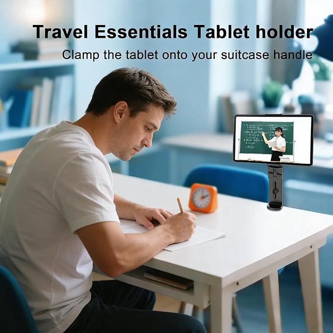 Airplane Tablet Holder Mount, 360 Degree Rotating Hands-Free Travel Stand, Max 7.6” Adjustable Clamp Opening, Compatible with iPad/Galaxy Tab (Not for iPad 12.9”/13”)