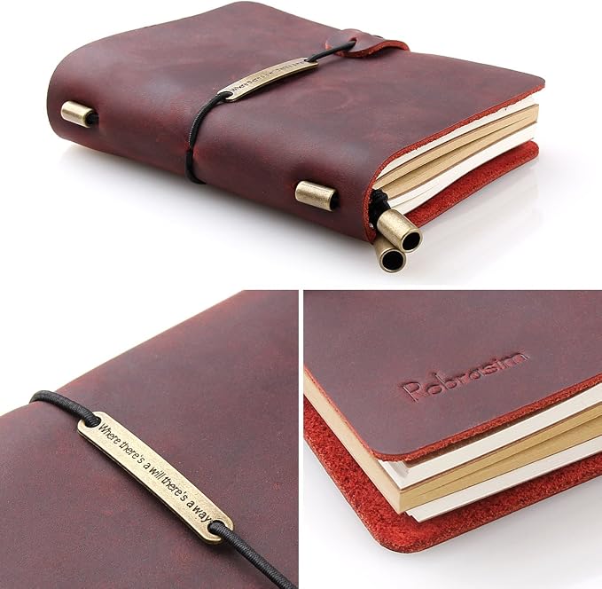 Robrasim Refillable Handmade Travelers Notebook, Leather Travel Journal Notebook for Men & Women, Perfect for Writing, Gifts, Travelers, 5.2" x 4" Inches - Wine