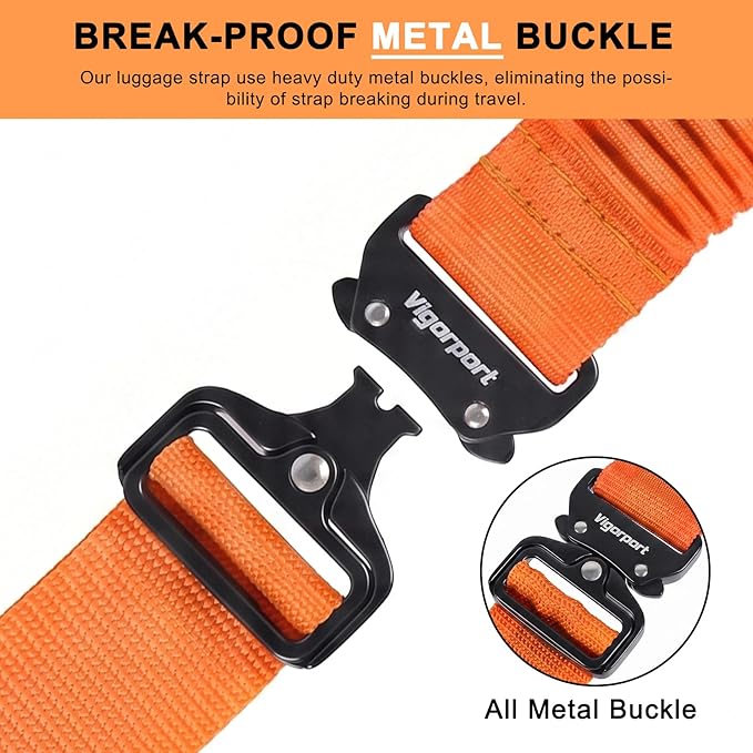 Vigorport Luggage Straps for Suitcases 2 Pack, Heavy Duty Metal Buckle Luggage Belt Strap, TSA Approved Suitcase Belt, Stretchable Travel Strap for Luggage (Orange, 72″ L & 79″ L)