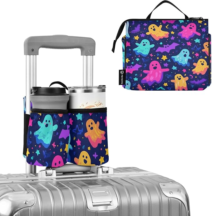 Luggage Cup Holder for Suitcases Free Hands Suitcase Cup Holder Travel Luggage Drink Holder Portable Luggage Cup Caddy Bag Carrier with Handle Neon Halloween Ghosts Stars Bats