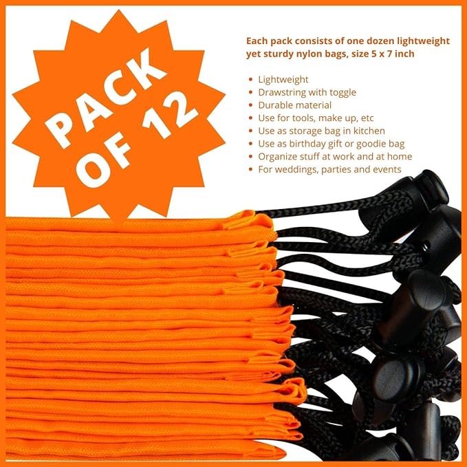 PALTERWEAR Drawstring Pouch (5 x 7 Inch - 12 Pack - Orange) Small Nylon Cinch Bag with Toggle for Travel, Gym and Storage