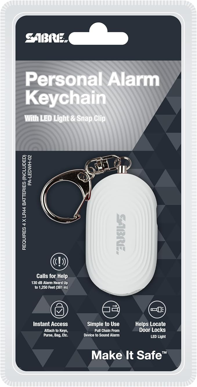SABRE 2-in-1 Personal Alarm with LED Light, 130dB Personal Safety Siren, Snap Hook for Instant Access, 1,250 Foot (381 Meters) Range, Compact Design for Easy Attachment to Purse, Bag, or Keys