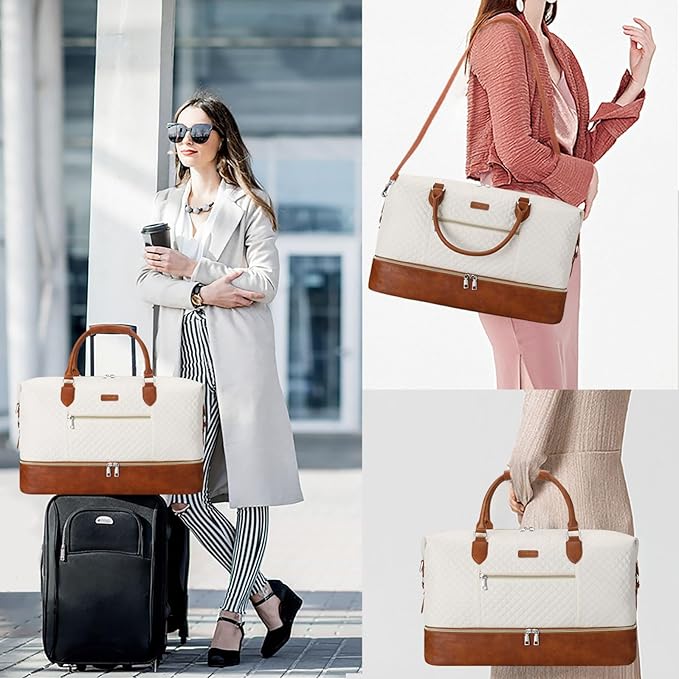 ITIEZY Weekender Overnight Bag for Women - Large Travel Duffel Bag with Shoe Compartment, Gym Duffel Bag Hospital Bag Carry On Tote Bags for Airplanes with Crossbody Bag Toiletry Bag 3Pcs Set
