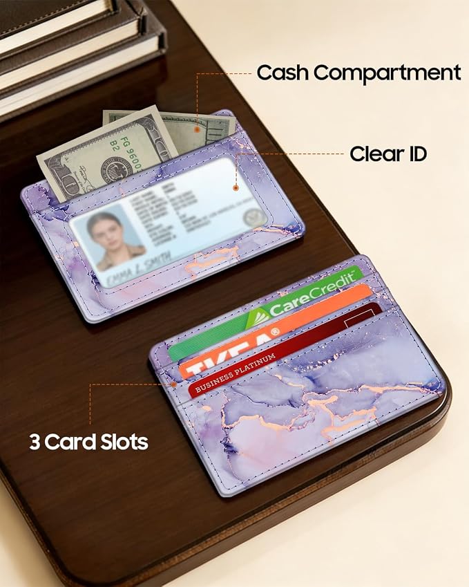 FINTIE Slim Minimalist Front Pocket Wallet, RFID Blocking Credit Card Holder Card Cases with ID Window for Men Women, lilac marble