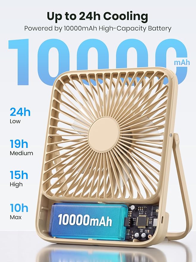 Warmco 10000mAh Portable Travel Fan 7-inch, Up to 24H Runtime, Ultra-thin Quiet Rechargeable Battery Operated Desk Fan with Digital Display for Camping, Office, Bedroom, Cruise Essentials