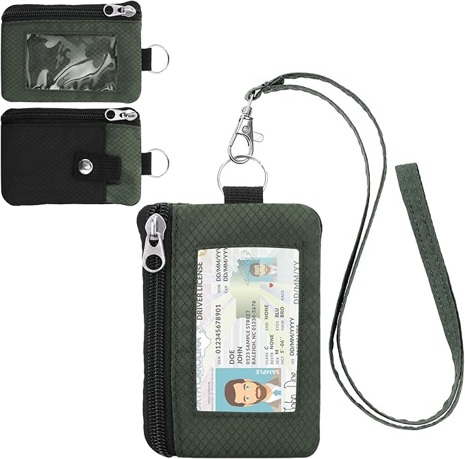 Minimalist RFID Wallet with Lanyard, Multi-Functional ID Case with 2 Zipper Pockets and Key Chain for Men and Women, Tactical Badge Pouch Cards Holder, Coin Purse for Travel Sports - Black&Army