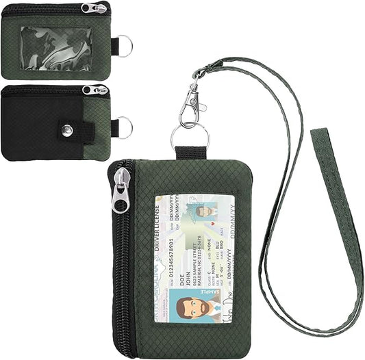 Minimalist RFID Wallet with Lanyard, Multi-Functional ID Case with 2 Zipper Pockets and Key Chain for Men and Women, Tactical Badge Pouch Cards Holder, Coin Purse for Travel Sports - Black&Army