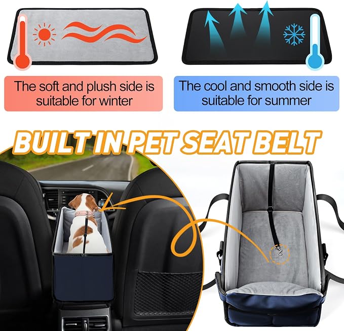 Portable Dog Car Seat for Small Dogs - Adjustable Safety Leash, Washable Cushion & Storage Pocket - Pet Booster Seat for Car Travel- Navy Blue