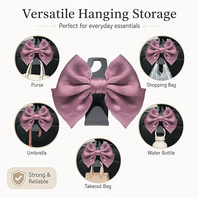 2 Pack Car Purse Hooks, Cute Bow Car Seat Headrest Hook Hanger for Purses and Bags, Space-Saving Car Accessory (Leather pink)