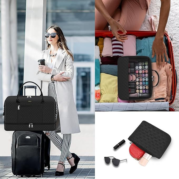 ITIEZY Weekender Overnight Bag for Women - Large Travel Duffel Bag with Shoe Compartment, Gym Duffel Bag Hospital Bag Carry On Tote Bags for Airplanes with Crossbody Bag Toiletry Bag 3Pcs Set