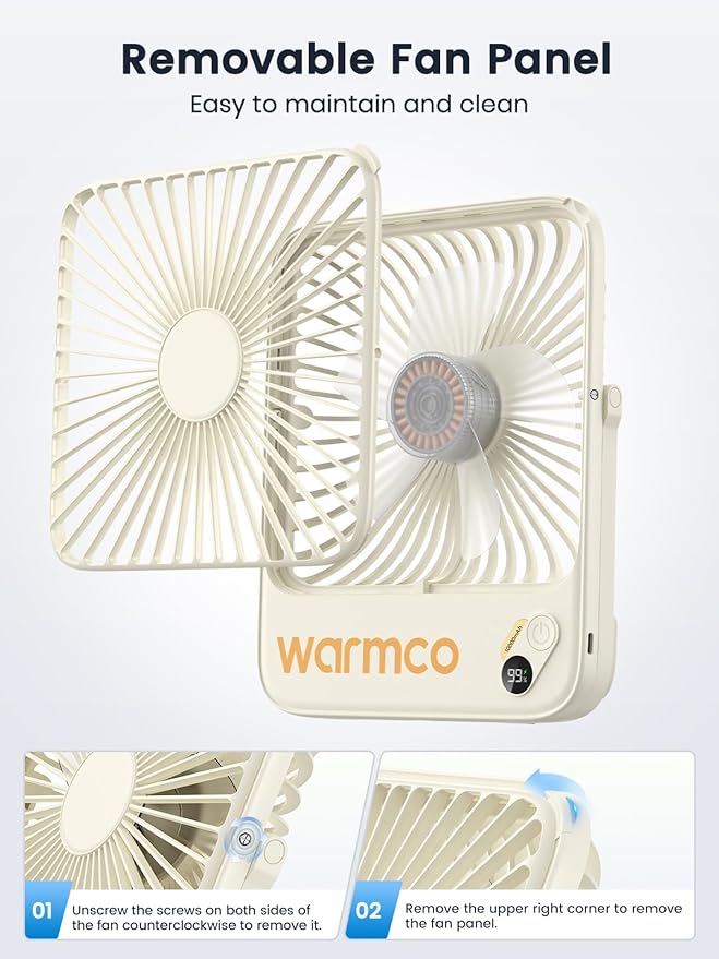 Warmco 10000mAh Portable Travel Fan 7-inch, Up to 24H Runtime, Ultra-thin Quiet Rechargeable Battery Operated Desk Fan with Digital Display for Camping, Office, Bedroom, Cruise Essentials
