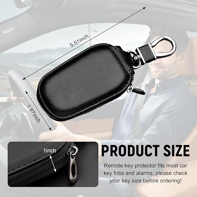 Yourkar 2 PCS Car Key Case, Genuine Leather Auto Key Fob Storage Bag, Key Chain Holder Key Ring Zipper Bag, Car Accessories (Black)