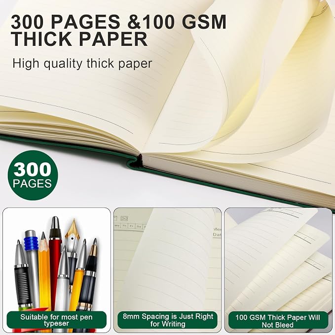 Fetinar Aesthetic Lined Journal Notebook for Women,300 Pages Softcover Leather Lined Journal Notebook,300 Pages Daily Journal, College Ruled Notebook for Work School, Note Taking 5.75''X8.38'' Green