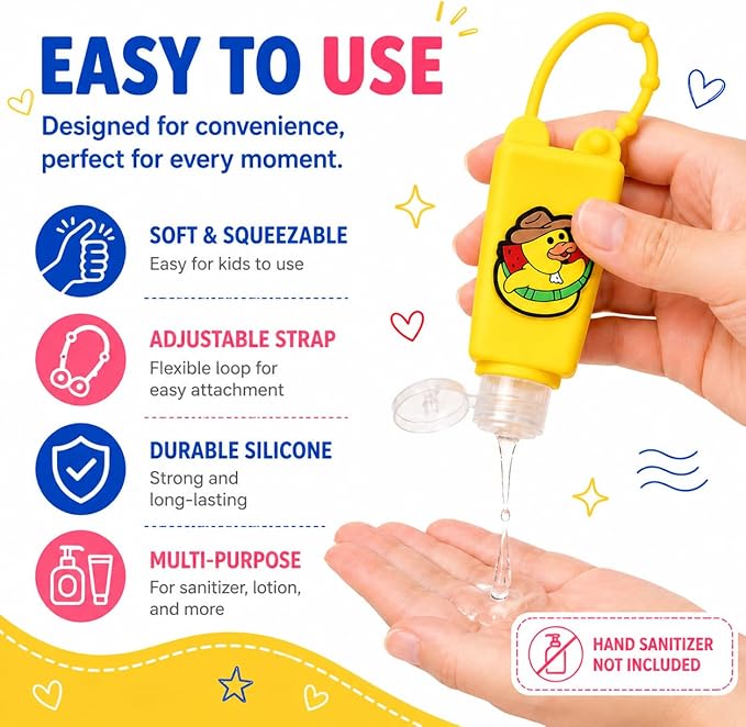 5-Pack Kids Cartoon Hand Sanitizer Holder (No Sanitizer Included), 30ml Refillable Travel Bottles with Silicone Case, Leak-Proof for Lotion & Liquid Soap (Duckie Fun)