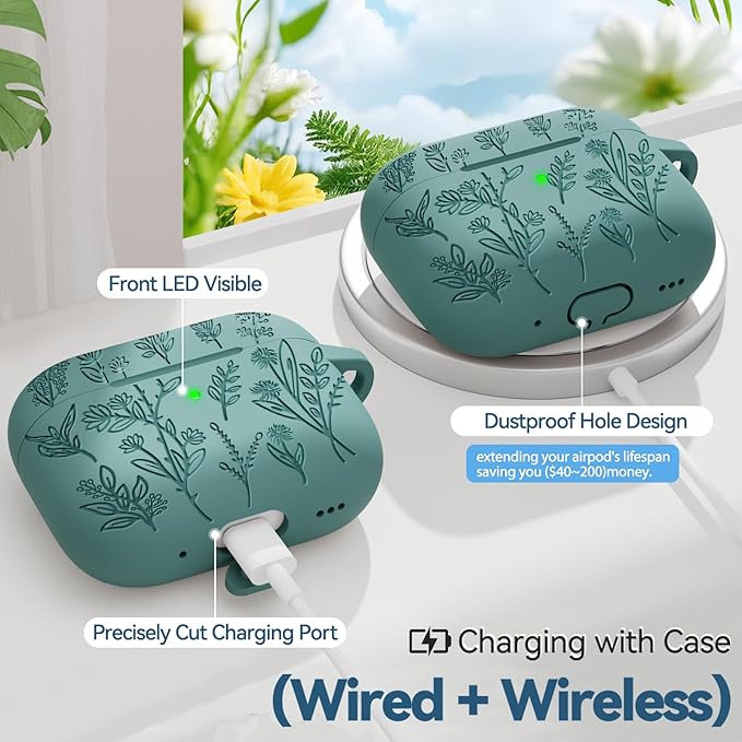 for AirPods Pro 2 Case with 3-in-1 Cleaning Kit & Keychain, Ekoonpft Flower Engraved Silicone AirPod Pro Cases Cover for Apple AirPods Pro 2nd/1st Generation(2023/2022/2019), Shockproof & Anti-Scratch