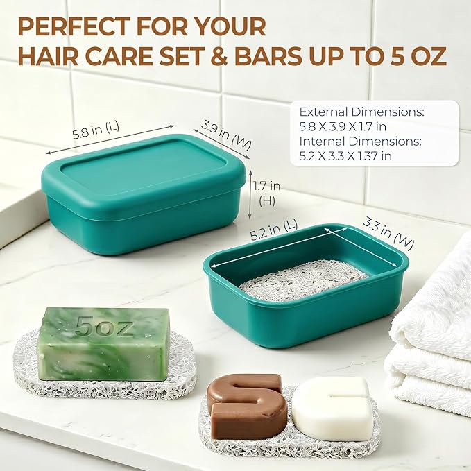 AIMAIAIMAI Silicone Shampoo Bar Travel Case with Drain Pad – Leak Proof Bar Soap Travel Case for 2 Bars, Shampoo & Conditioner Bar Holder for Camping, Gym | 1 Pack, Green