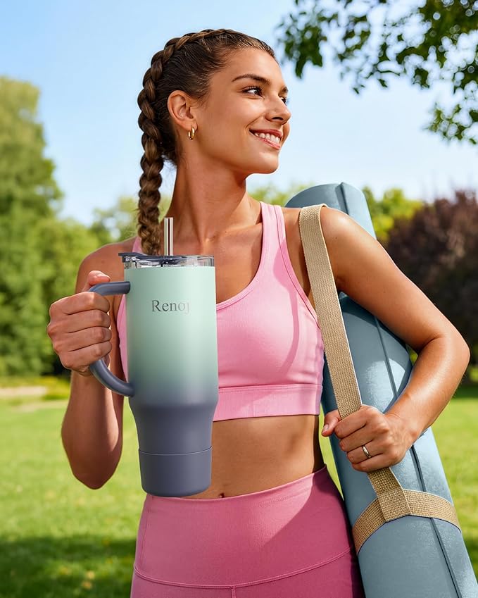Renoj Insulated Mug 100% Leak Proof Insulated Water Bottle for Iced Coffee & Hot Drinks - Fits Car Cup Holder, Ideal Gift, 2 Straws & Silicone Boot - SnapShift Blue Gradient 32 oz