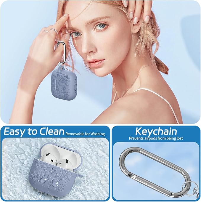 for Airpods 4 Case, Ekoonpft Flower Engraved Cases for Apple AirPods 4th Generation 2024, Soft Silicone Cover for Women Girly with 3-in-1 Cleaner Kit, Keychain, Military Grade Protection