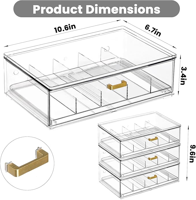 LALOBLUE Clear Acrylic Sunglasses Organizer, Stackable Eyeglass Storage Case with Gold Handles, Glasses Display Holder
