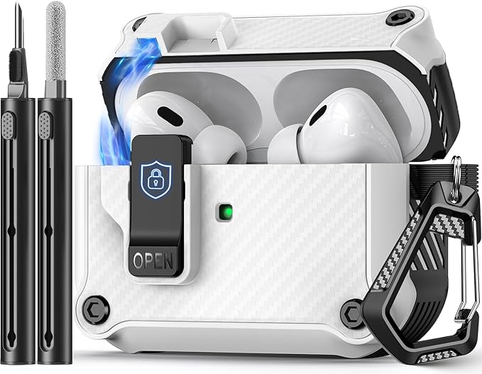 Pohgelan Compatible with AirPods Pro 2nd/1st Case,Magnetic Automatic Lock with Cleaning Kit,Compatible with Magsafe,Carbon Fiber Texture Cover -White