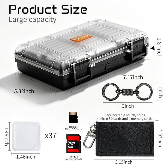 37 Slots Memory Card Case & 37 Transparent Card Cases & 60 Visual Sticky Notes, Water-Resistant Anti-Shock Anti-Dust SD Card Holder Storage,SD Card Case for Camera Memory Card（Clear Plastic）